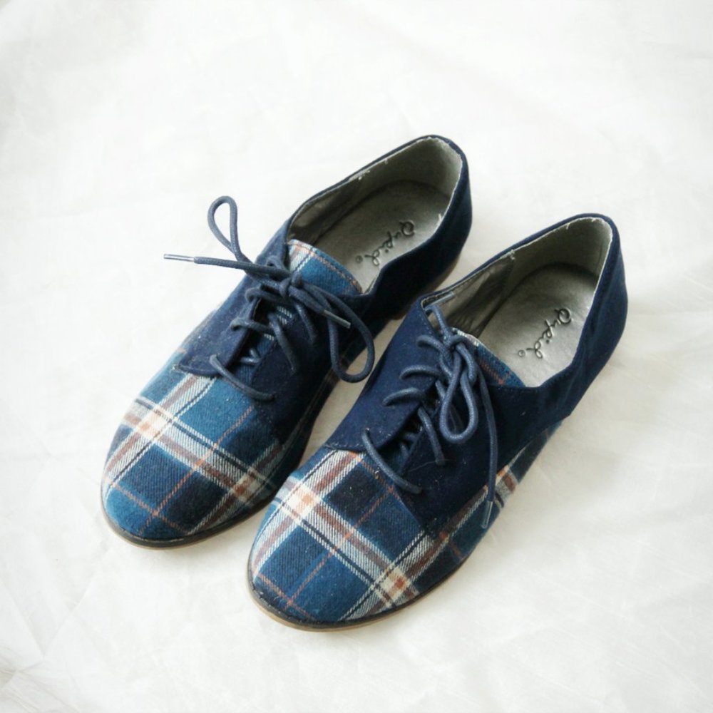 Blue Plaid Oxford Shoes by Qupid